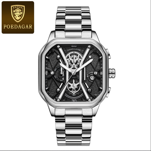 POEDAGAR Luxury Wristwatches Chronograph Leather Quartz Men's Watches - Silver_0